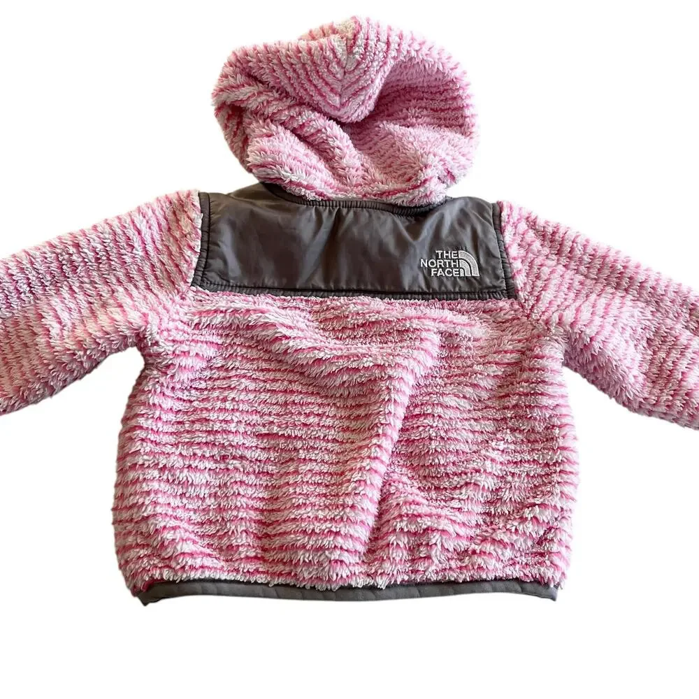 The North Face girls  Oso pink stripe polar fleece hooded jacket size 3-6 mos